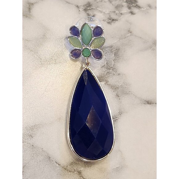 Gloria Vanderbilt Teardrop Earrings Navy Blue Crystal Floral Design Silver-Tone - Picture 4 of 5